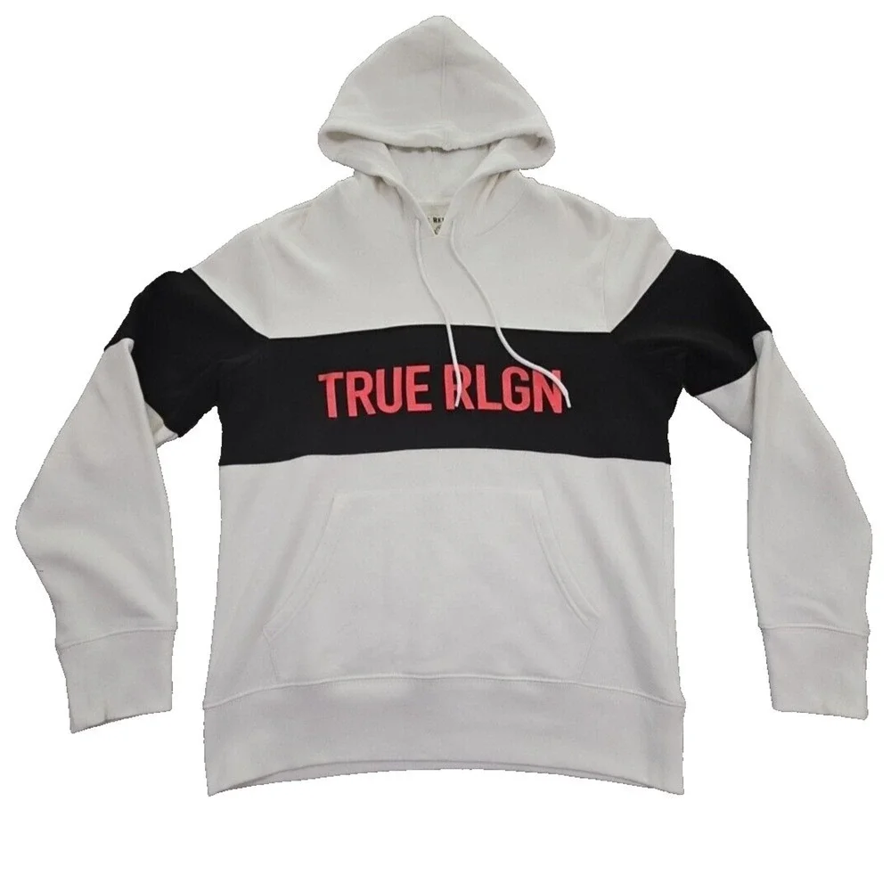 True Religion Men's Pullover Colorblock Hoodie Sweatshirt White‎ Black 103140 LG